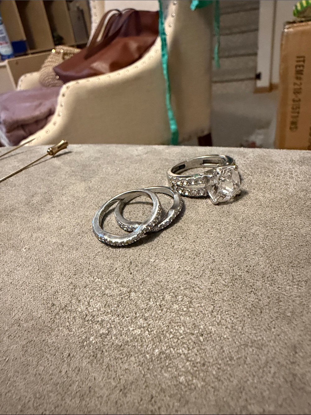 Silver-Tone Crystal Engagement and Band Ring Set